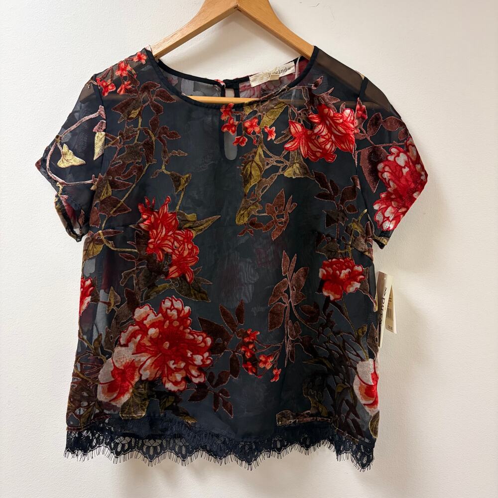 NWT Rewind Black Sheer Lace Trim Floral Burnout Velvet Top Boho Whimsigoth Med